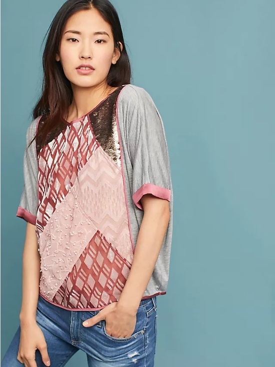Anthropologie Tops - Anthropologie Velvet Patchwork Tee by Tiny -size XS (oversized) -mixed media top
